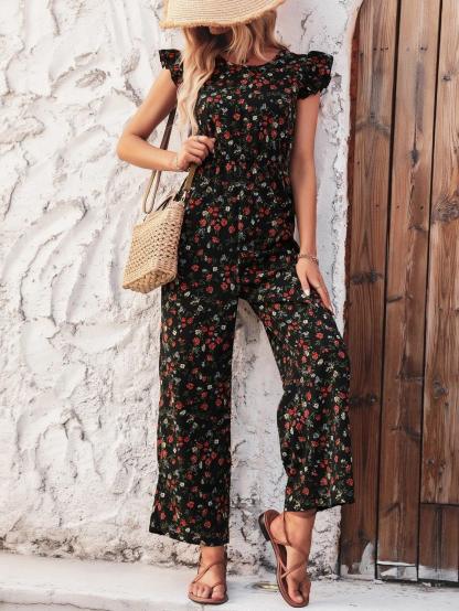 Floral Print Tie Back Jumpsuit-Comfy Jumpsuits