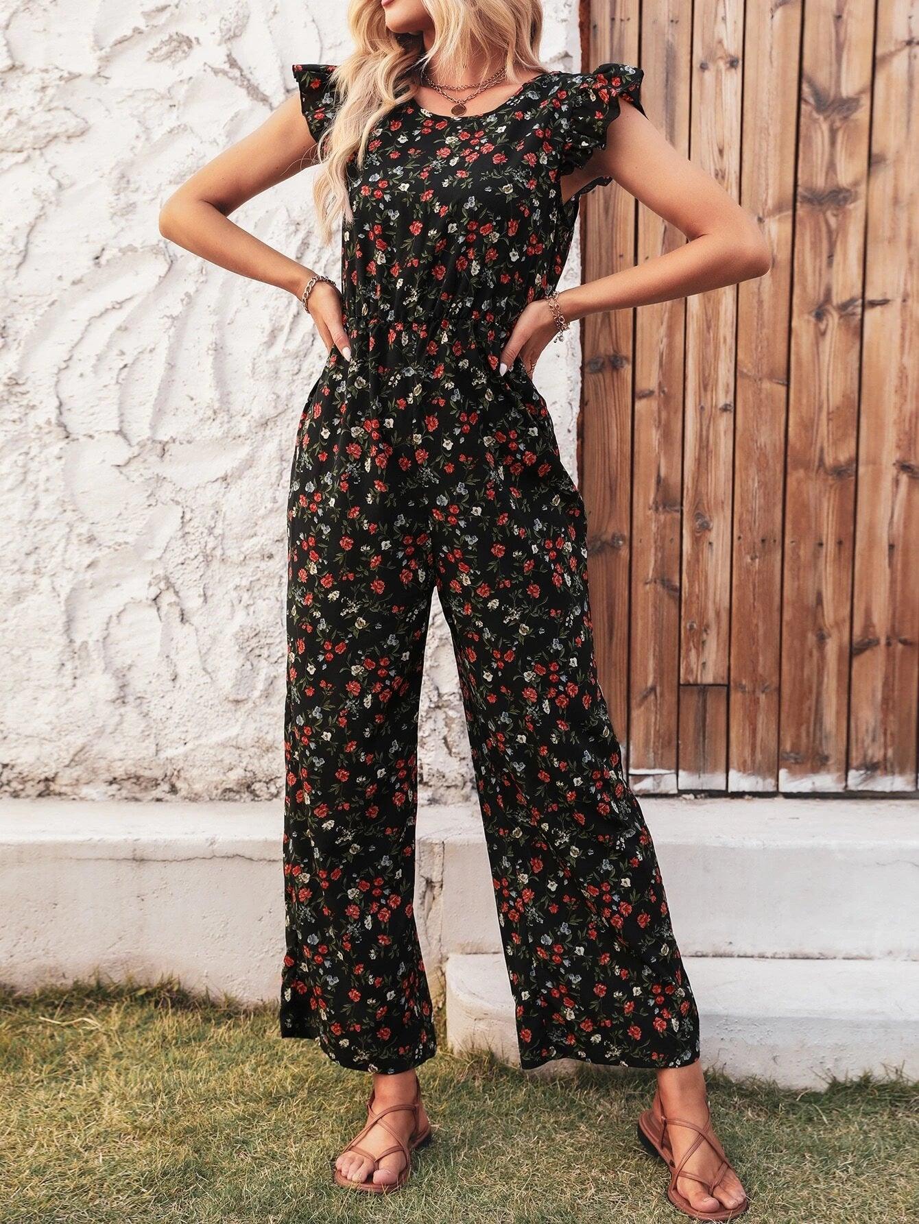 Floral Print Tie Back Jumpsuit-Comfy Jumpsuits