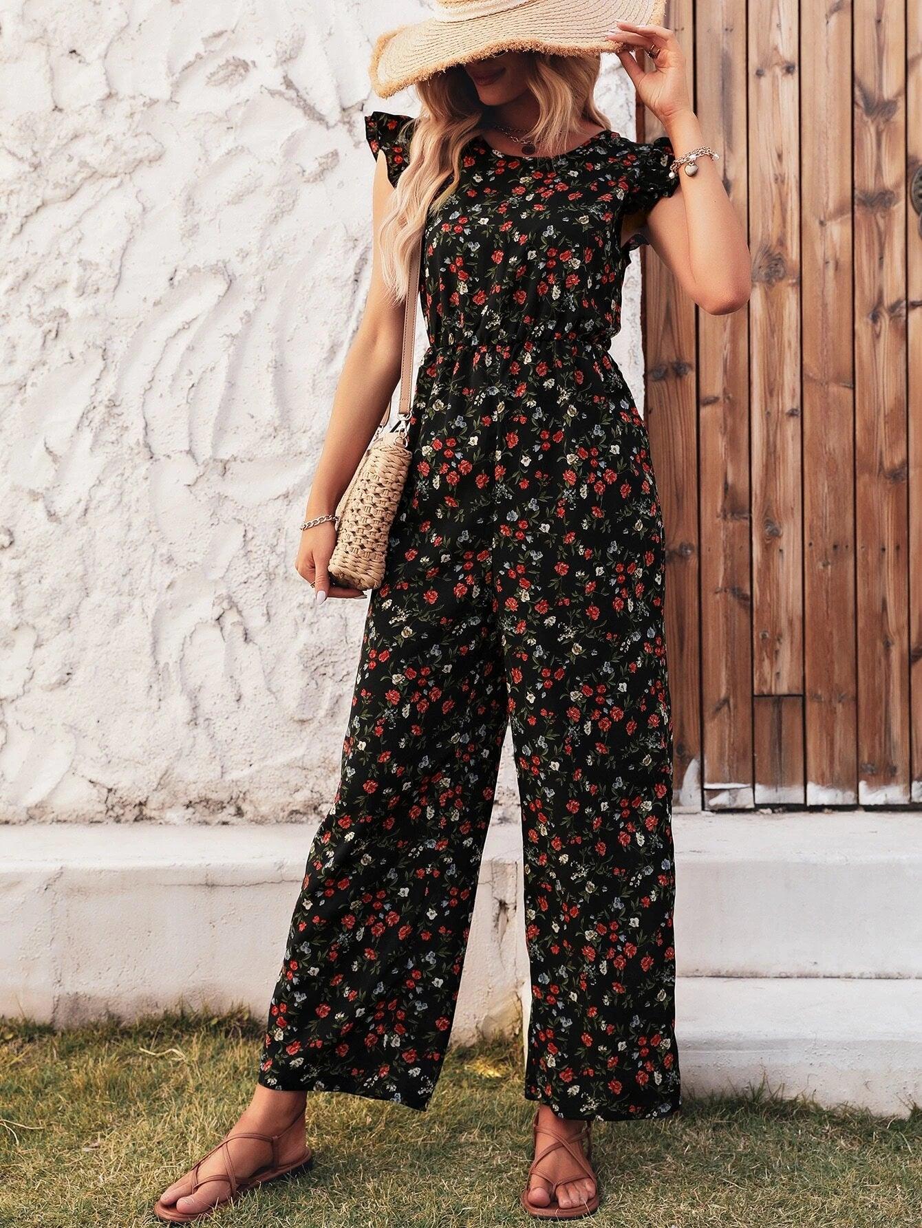 Floral Print Tie Back Jumpsuit-Comfy Jumpsuits