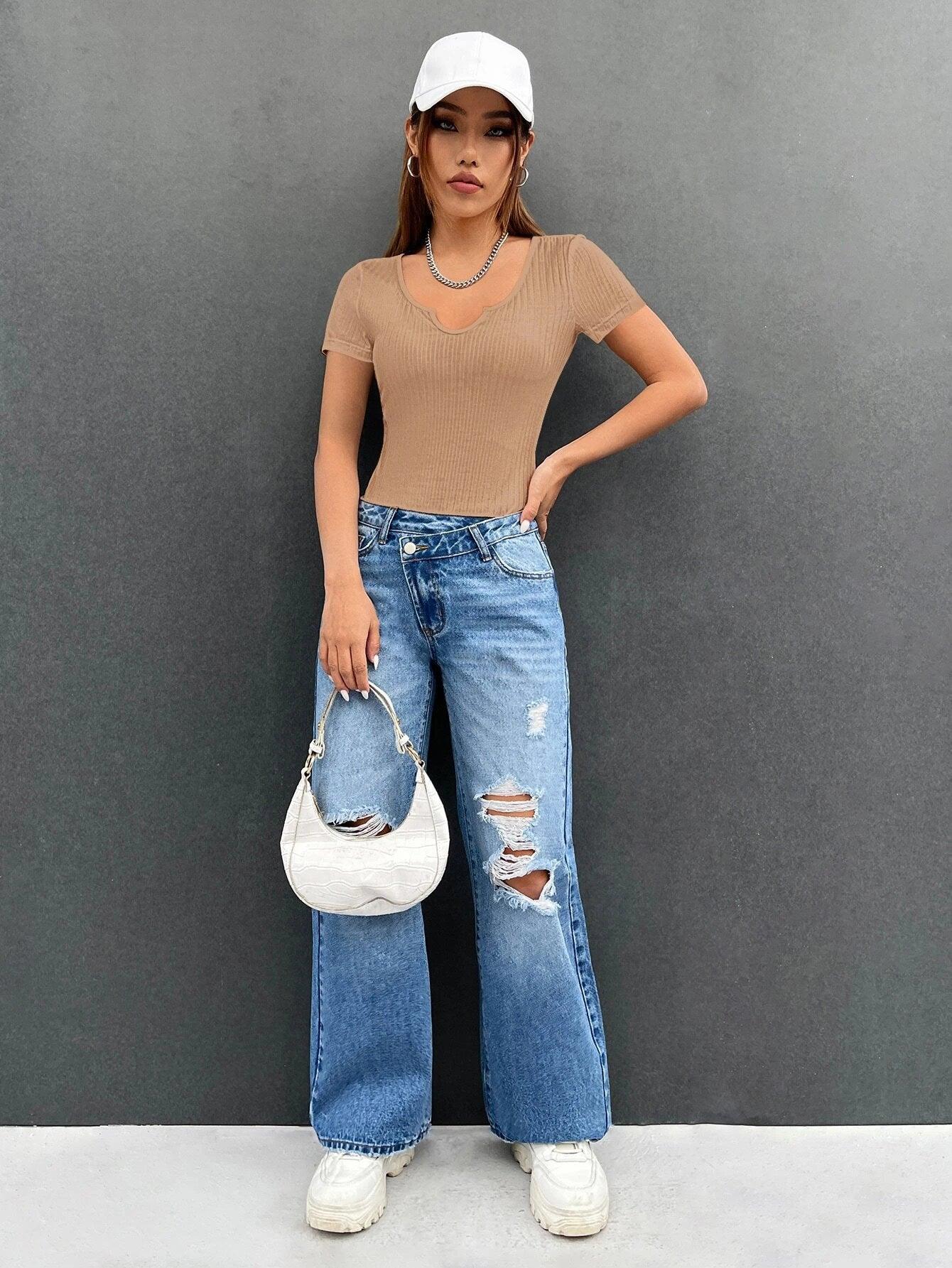 Notched Neck Ribbed Knit Bodysuit-Comfy Jumpsuits