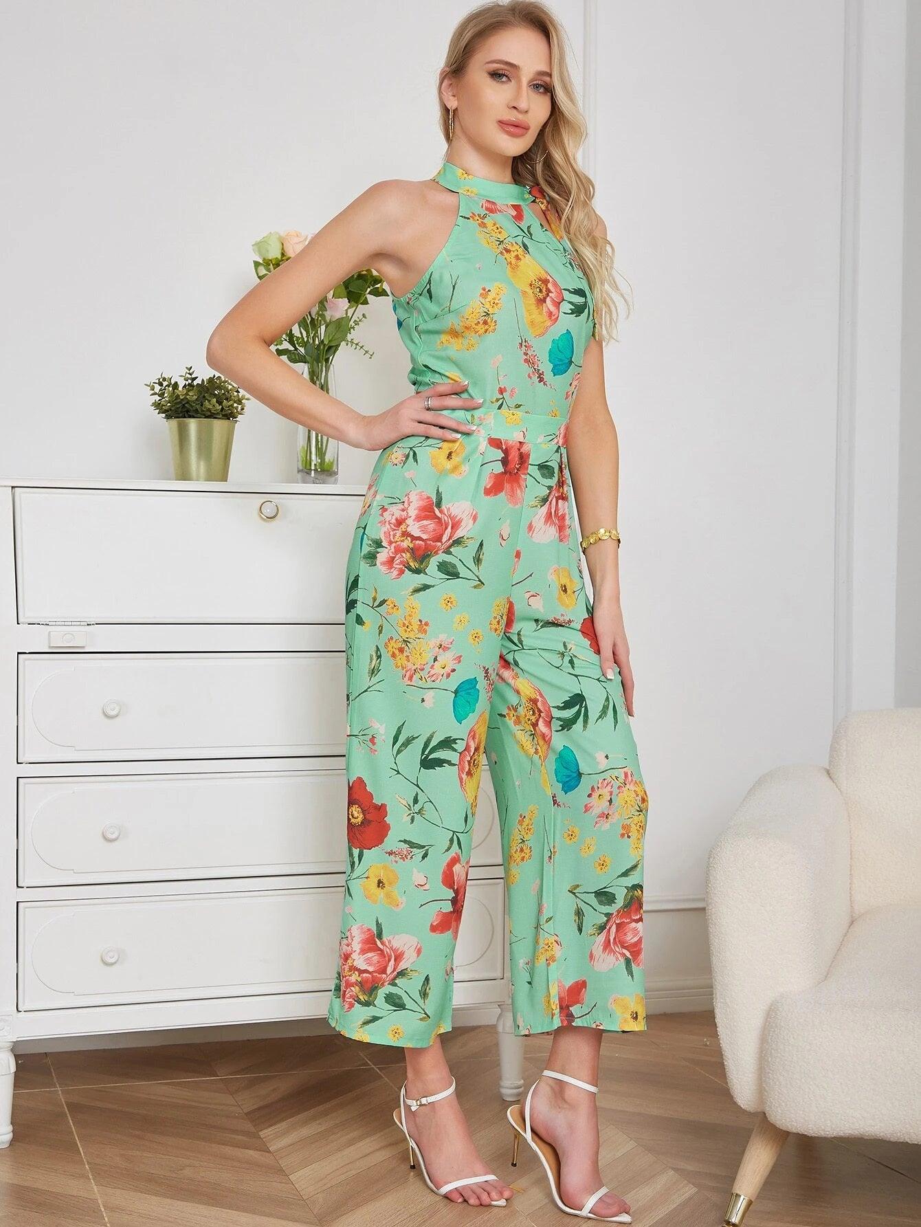 Floral Print Halter Neck Jumpsuit-Comfy Jumpsuits