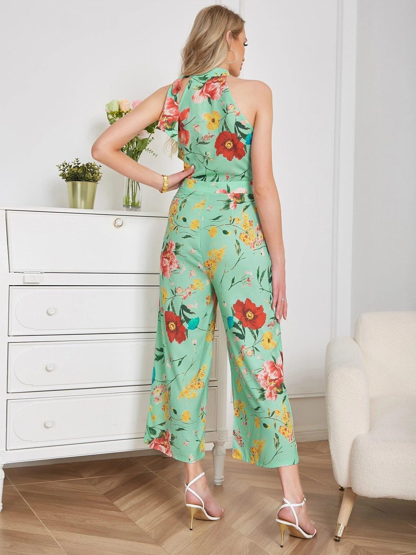 Floral Print Halter Neck Jumpsuit-Comfy Jumpsuits
