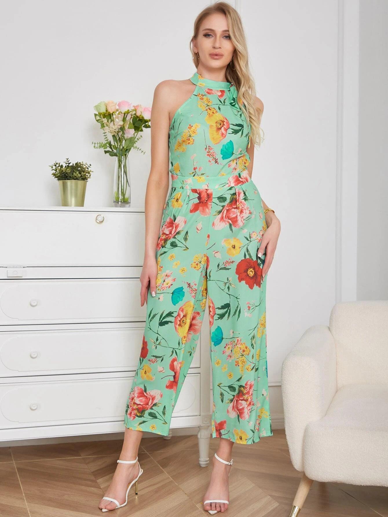 Floral Print Halter Neck Jumpsuit-Comfy Jumpsuits