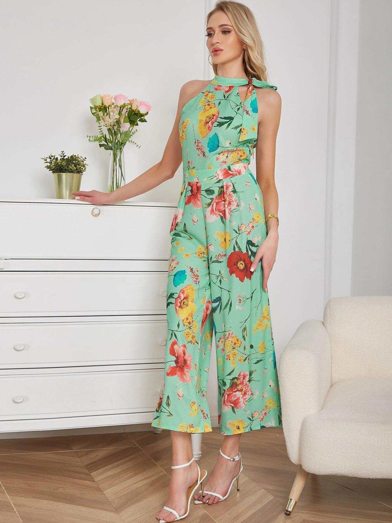 Floral Print Halter Neck Jumpsuit-Comfy Jumpsuits