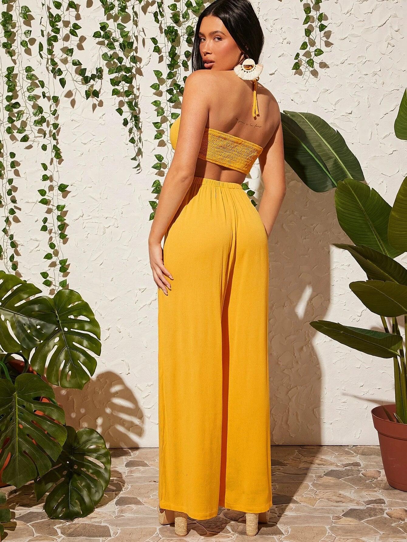 Plain Sleeveless Halter Jumpsuit-Comfy Jumpsuits