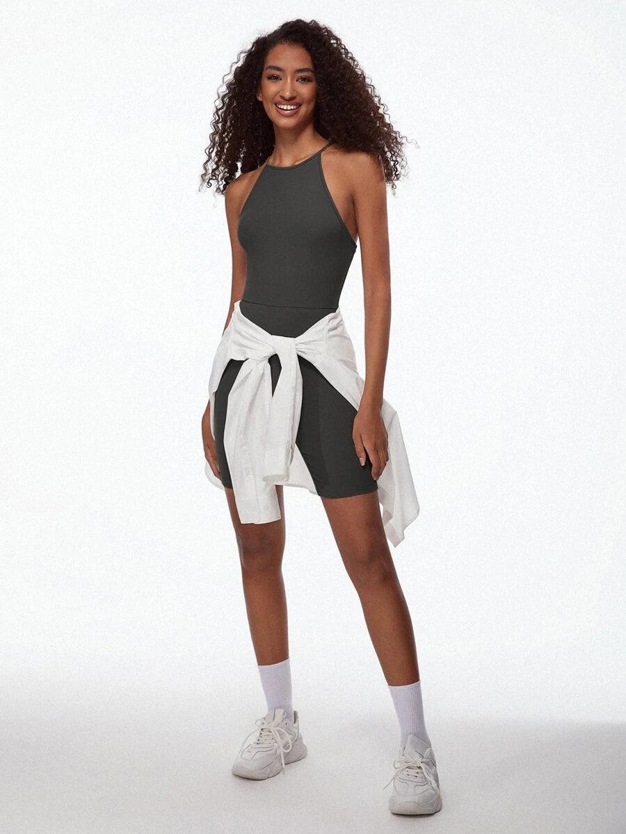 Cotton Solid Halter Neck Unitard Romper-Comfy Jumpsuits