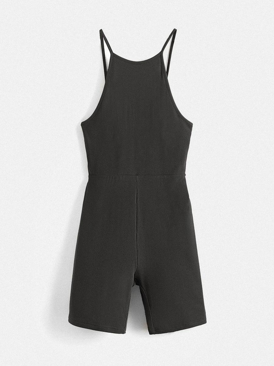 Cotton Solid Halter Neck Unitard Romper-Comfy Jumpsuits