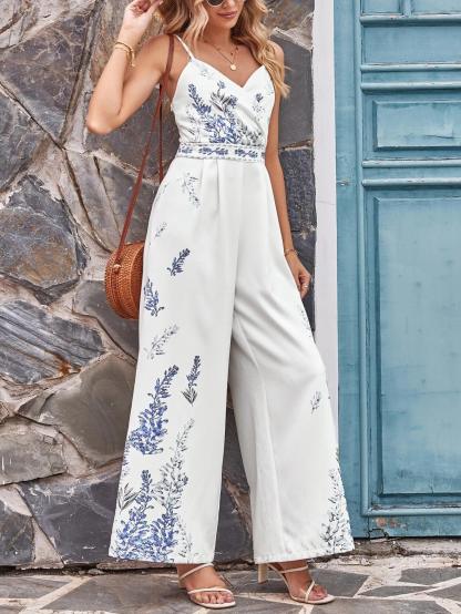 Plants Print Wide Leg Cami Jumpsuit-Comfy Jumpsuits