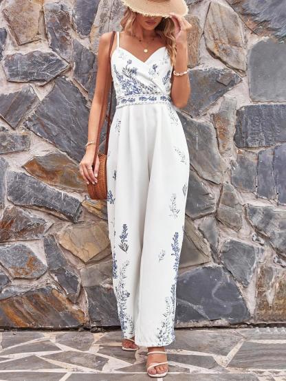Plants Print Wide Leg Cami Jumpsuit-Comfy Jumpsuits