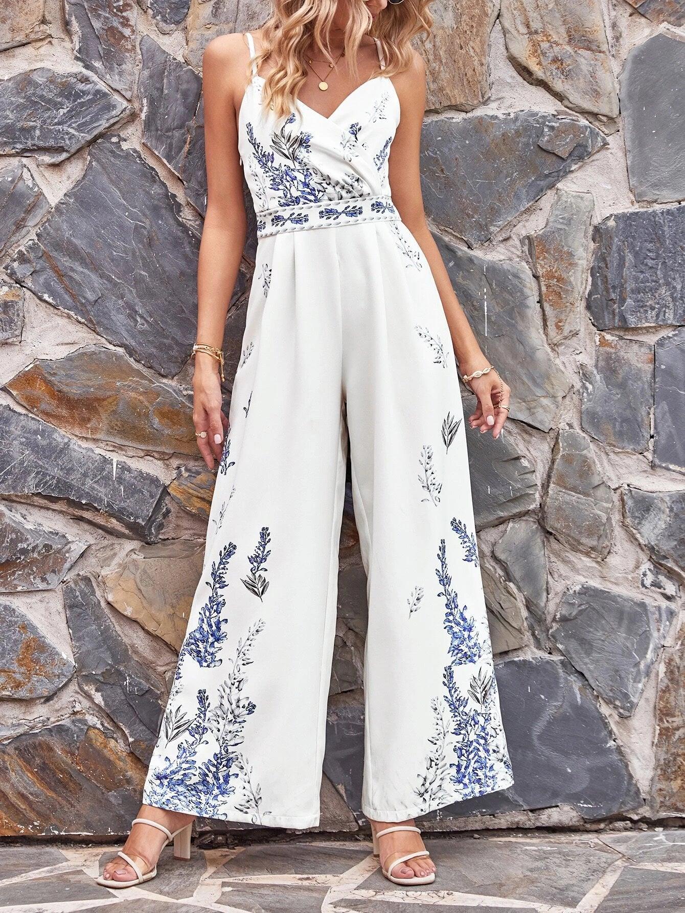 Plants Print Wide Leg Cami Jumpsuit-Comfy Jumpsuits