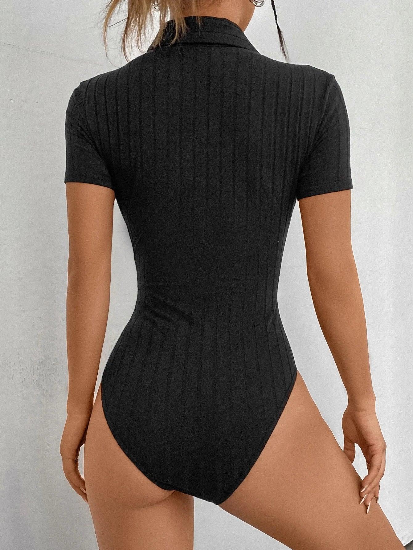 Zipper Ribbed Knit Bodysuit-Comfy Jumpsuits