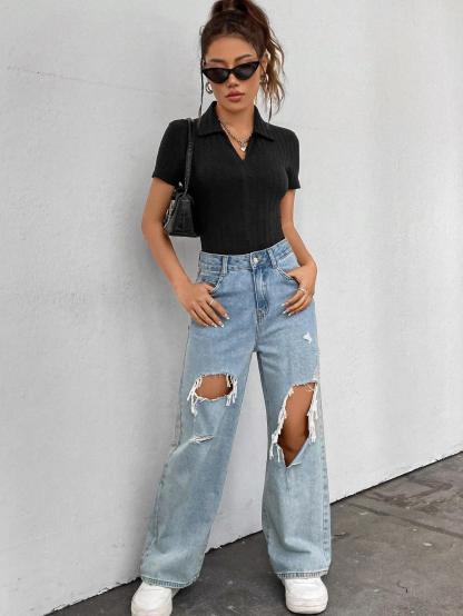 Zipper Ribbed Knit Bodysuit-Comfy Jumpsuits