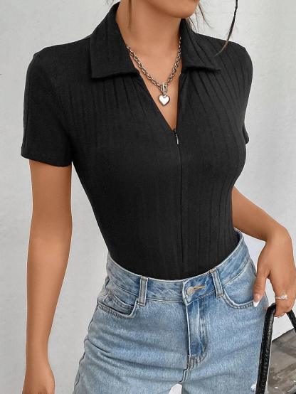 Zipper Ribbed Knit Bodysuit-Comfy Jumpsuits