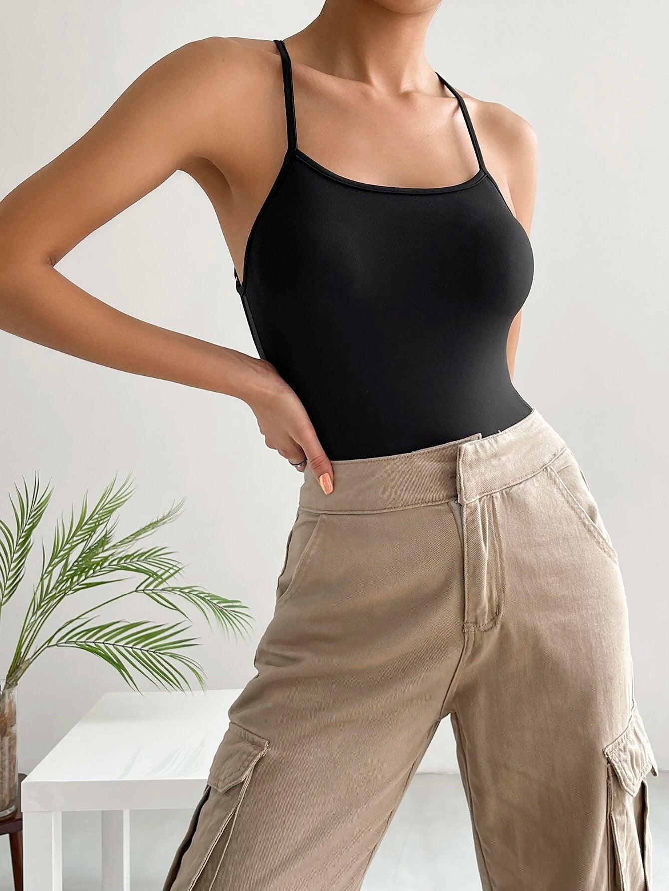 Criss Cross Sleeveless Cami Bodysuit-Comfy Jumpsuits