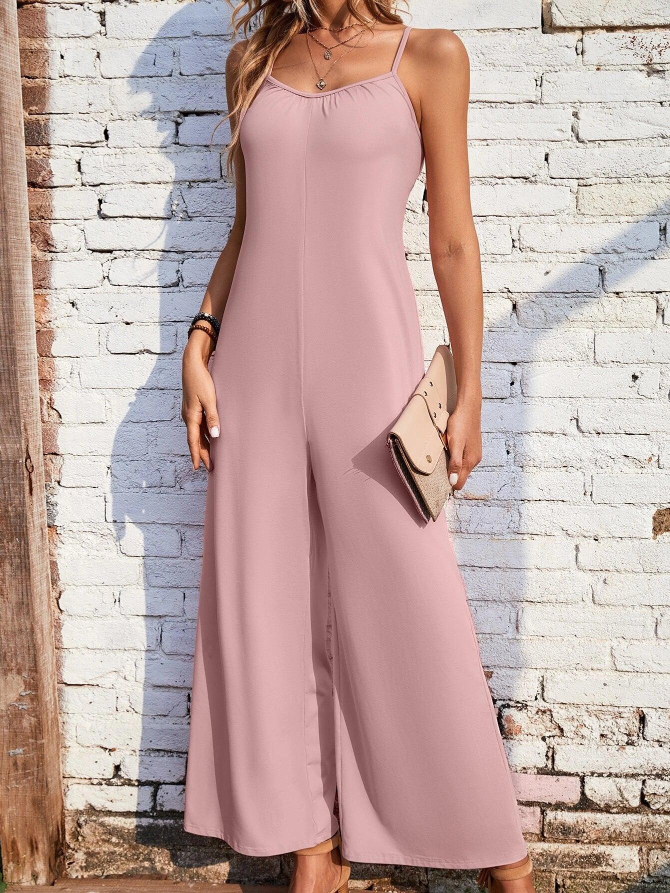Solid Colored Wide Leg Cami Jumpsuit-Comfy Jumpsuits