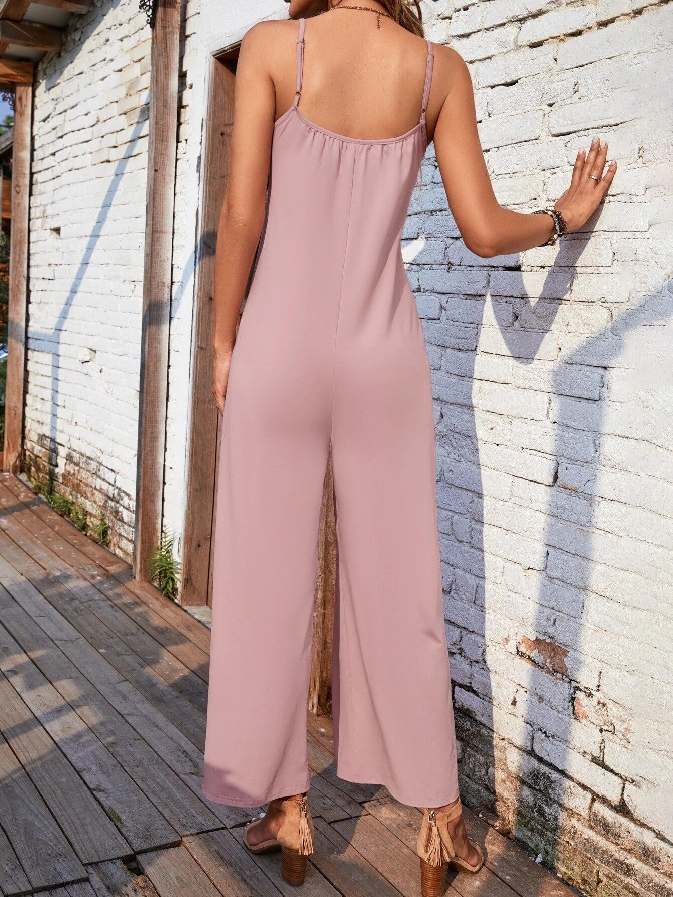 Solid Colored Wide Leg Cami Jumpsuit-Comfy Jumpsuits