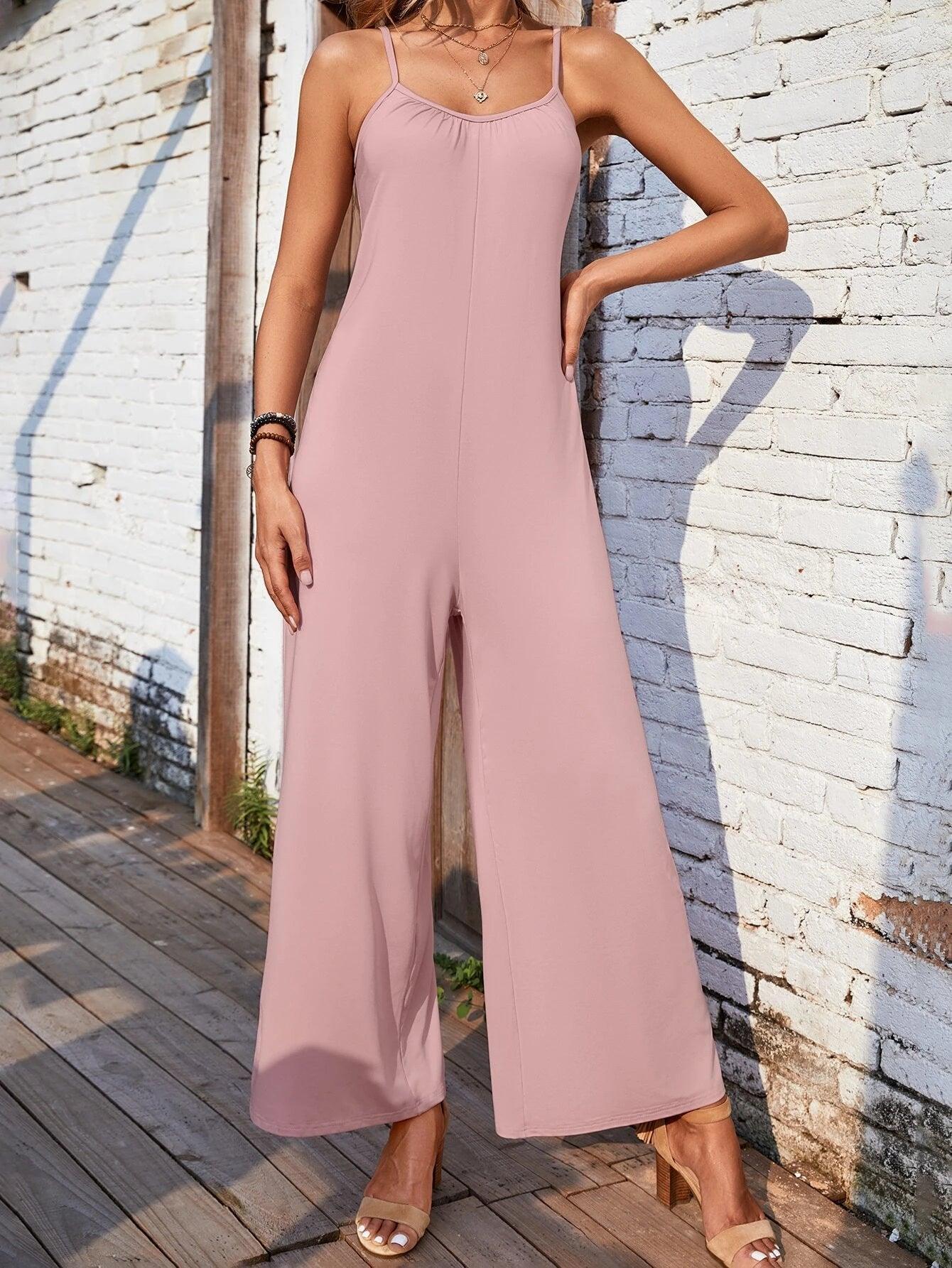 Solid Colored Wide Leg Cami Jumpsuit-Comfy Jumpsuits