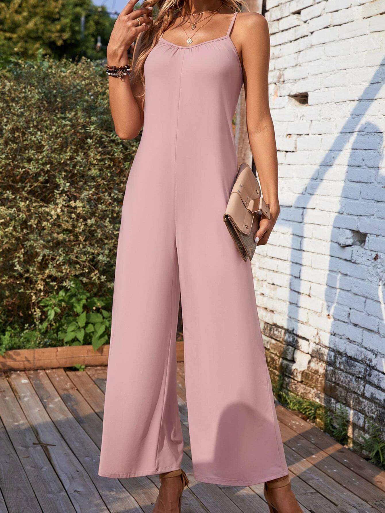 Solid Colored Wide Leg Cami Jumpsuit-Comfy Jumpsuits