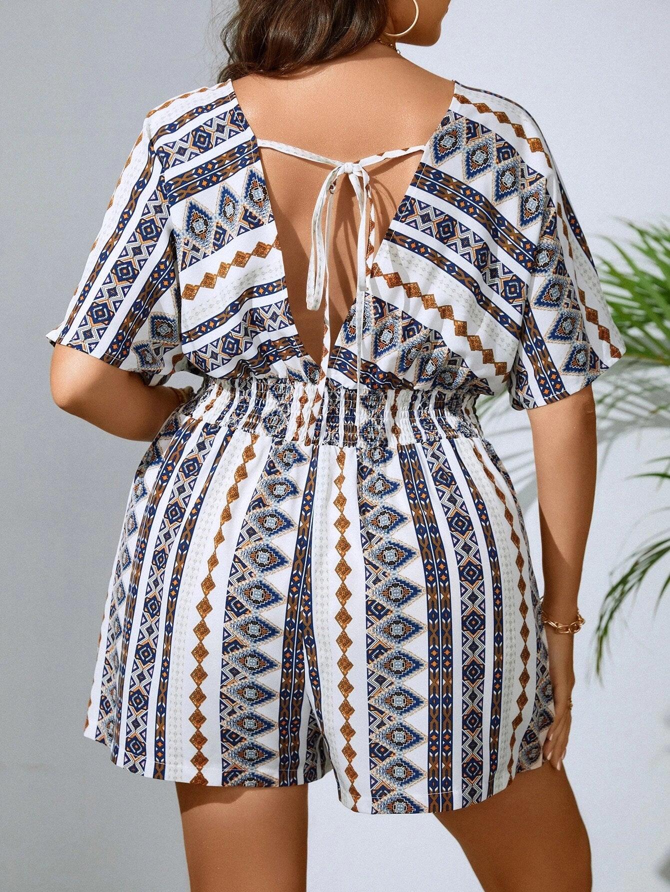 Plus Geo Print Batwing Sleeve Knot Front Romper-Comfy Jumpsuits