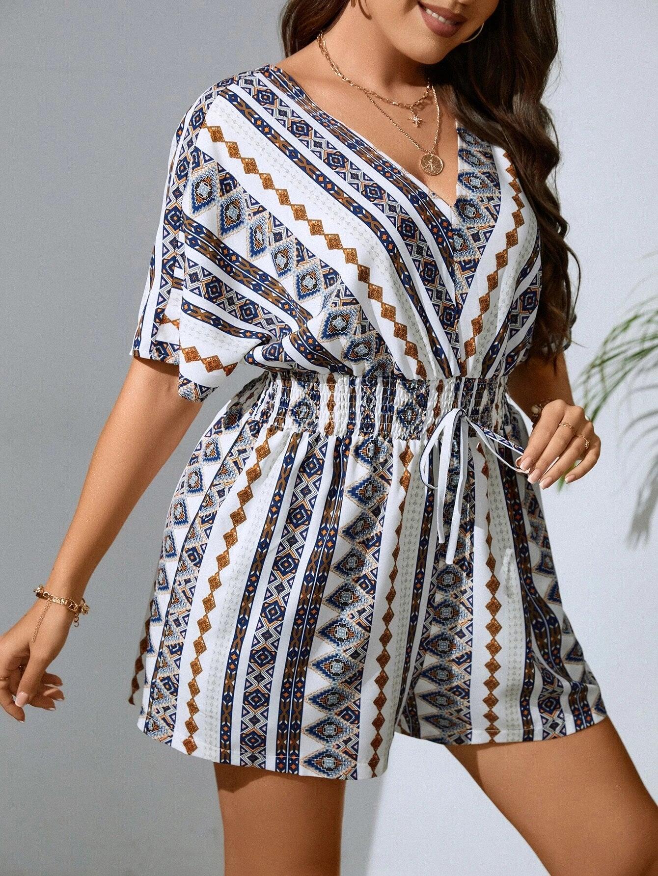 Plus Geo Print Batwing Sleeve Knot Front Romper-Comfy Jumpsuits