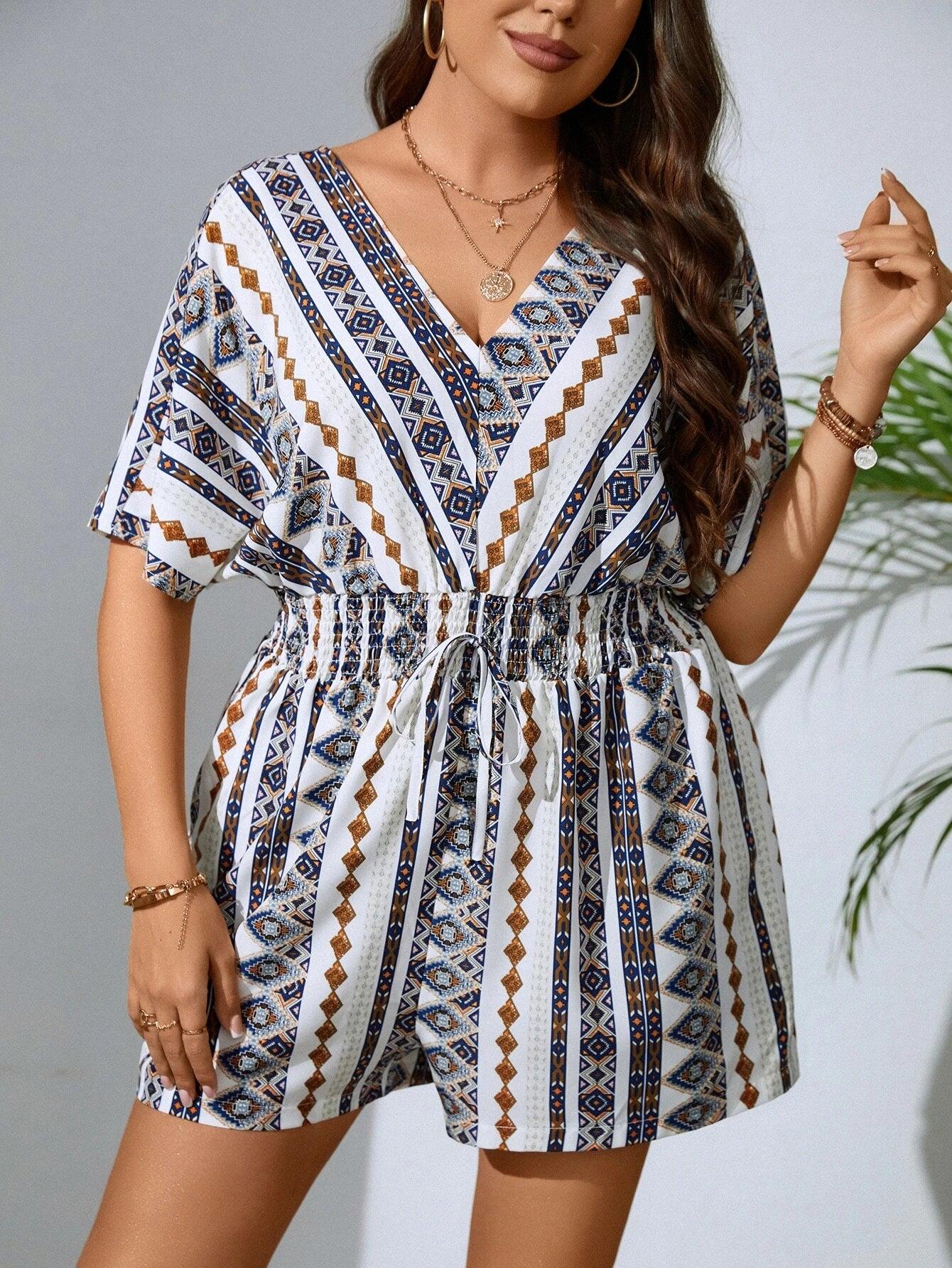 Plus Geo Print Batwing Sleeve Knot Front Romper-Comfy Jumpsuits
