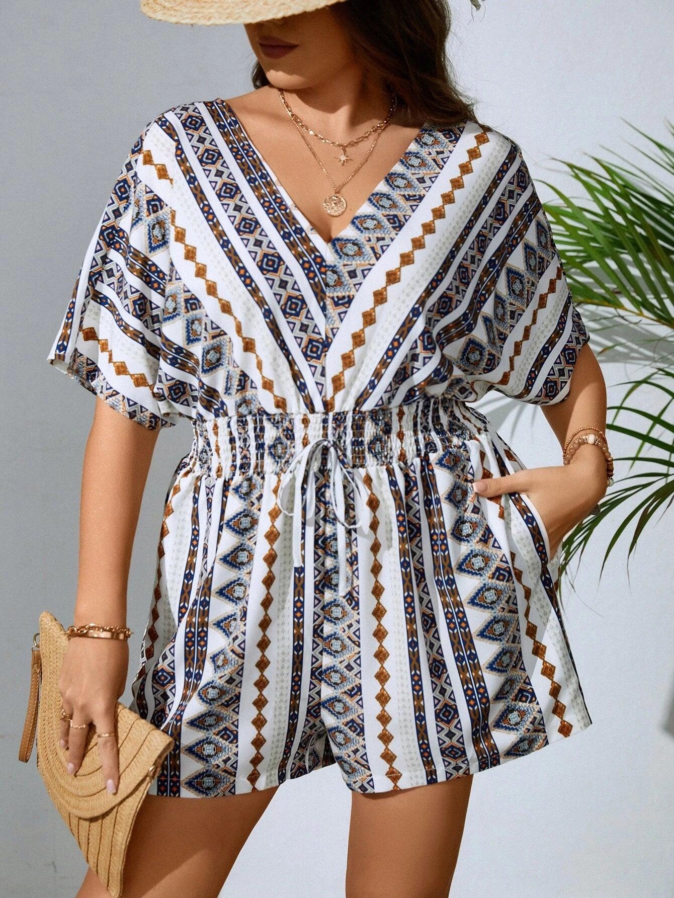 Plus Geo Print Batwing Sleeve Knot Front Romper-Comfy Jumpsuits