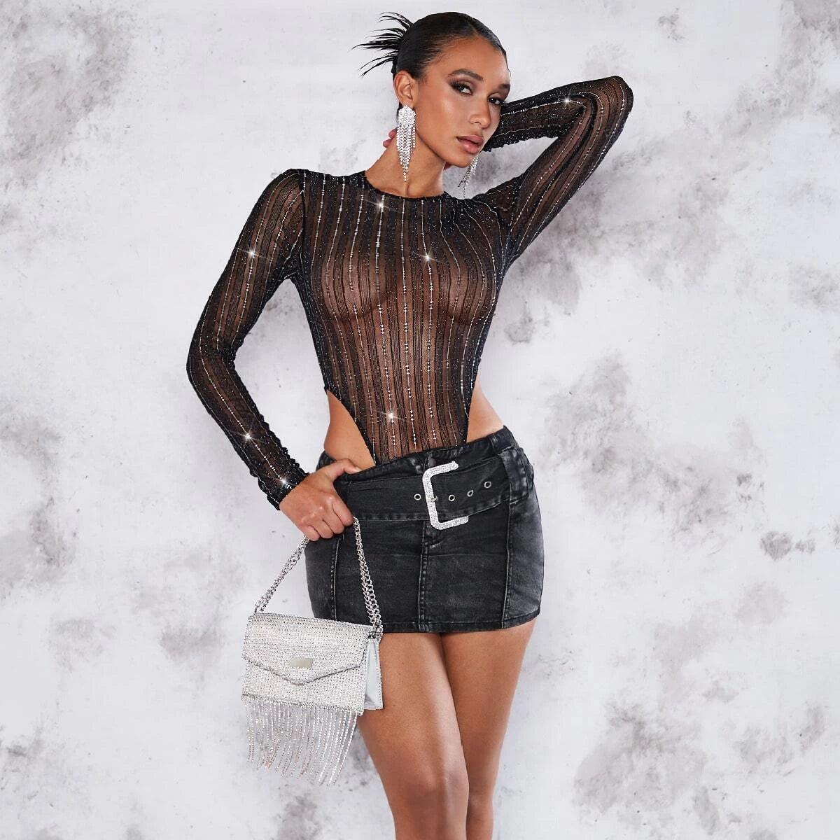 Rhinestone Detail High Cut Mesh Bodysuit-Comfy Jumpsuits