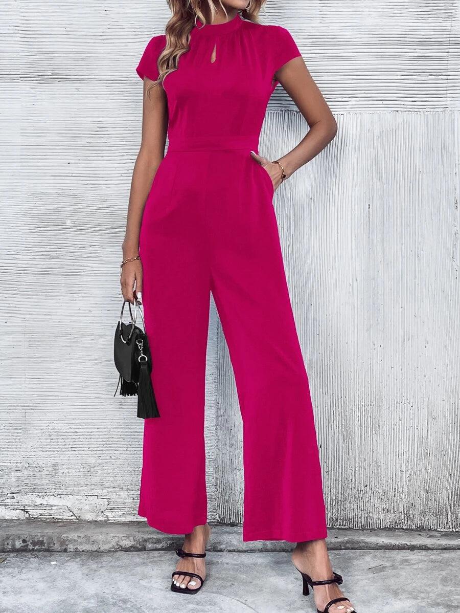 Keyhole Neckline Wide Leg Jumpsuit-Comfy Jumpsuits