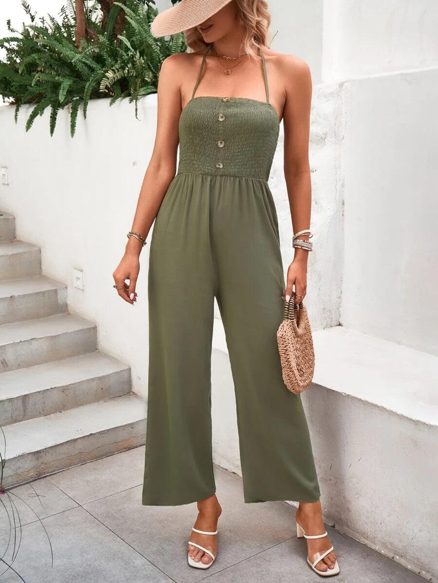 Button Front Cami Jumpsuit-Comfy Jumpsuits