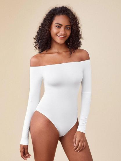 Solid Coloured Off Shoulder Bodysuit-Comfy Jumpsuits