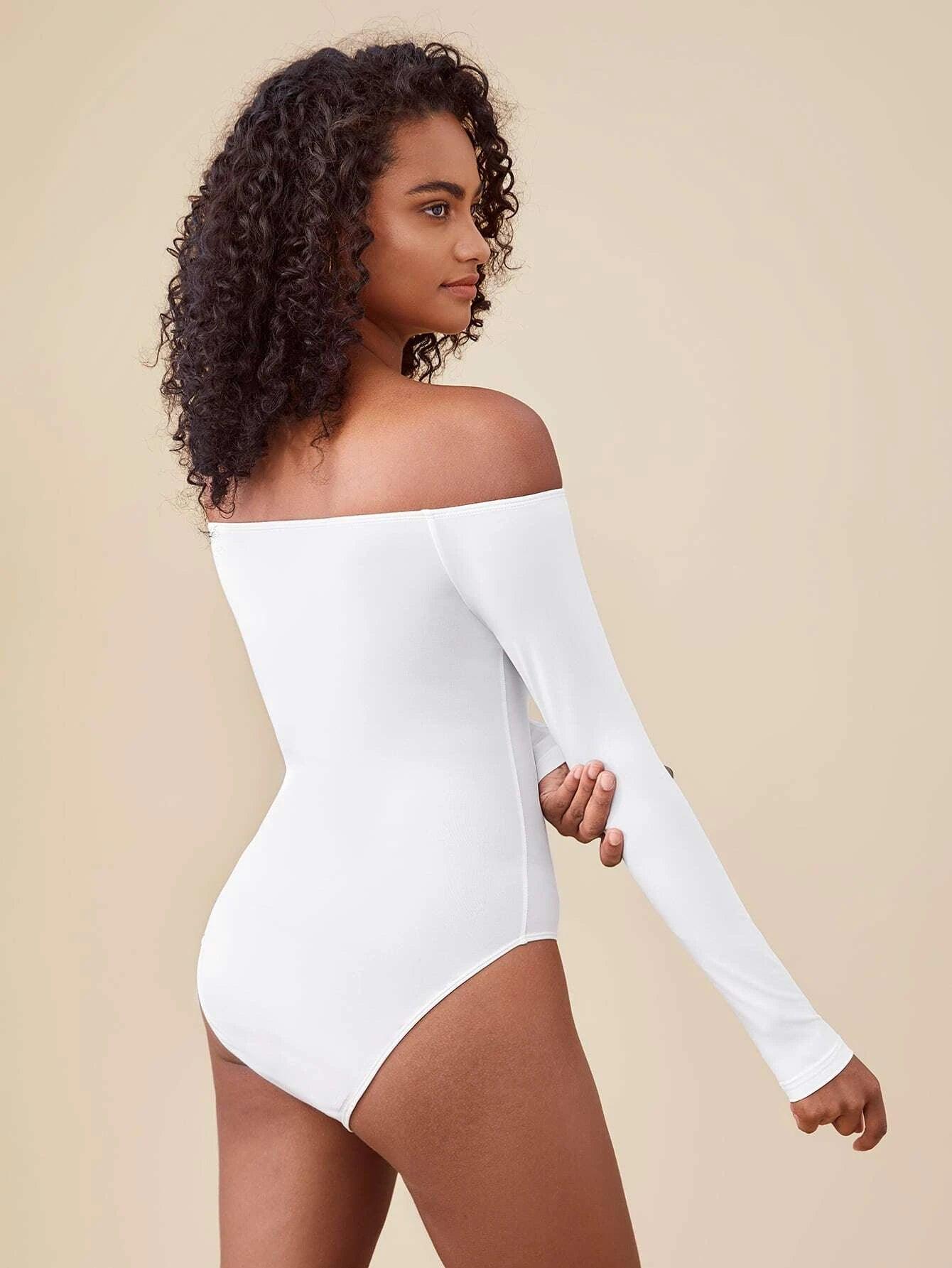 Solid Coloured Off Shoulder Bodysuit-Comfy Jumpsuits