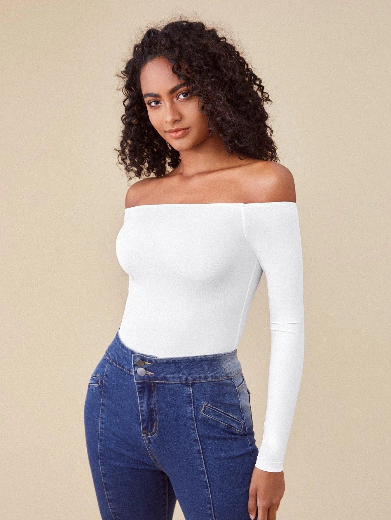Solid Coloured Off Shoulder Bodysuit-Comfy Jumpsuits