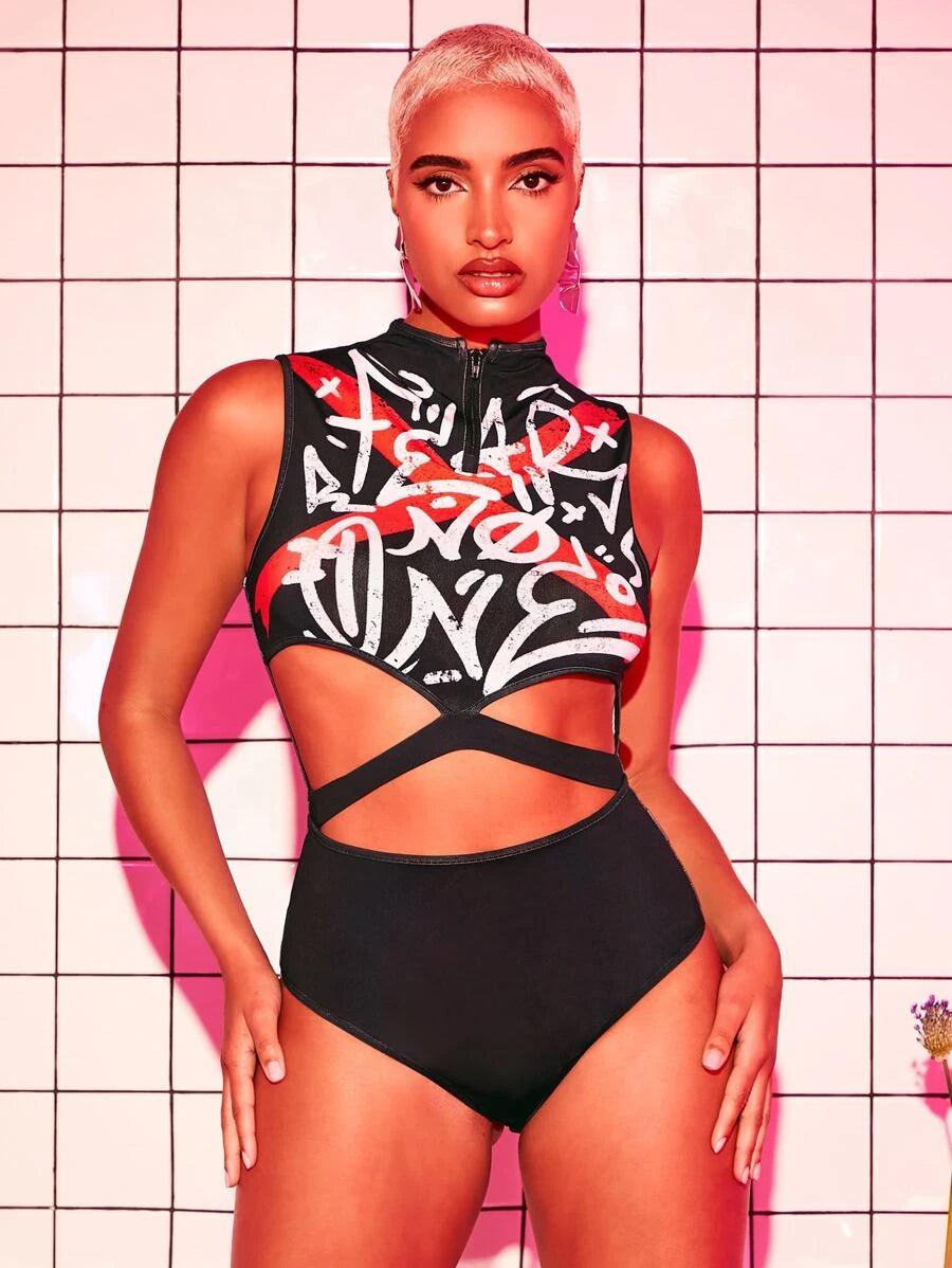 Graphic Cut Out Waist Tank Bodysuit-Comfy Jumpsuits