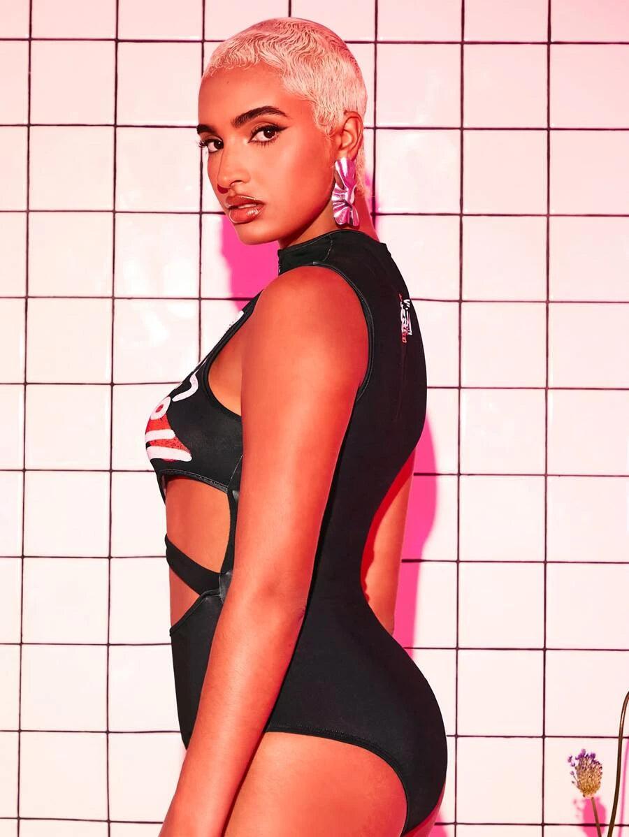 Graphic Cut Out Waist Tank Bodysuit-Comfy Jumpsuits