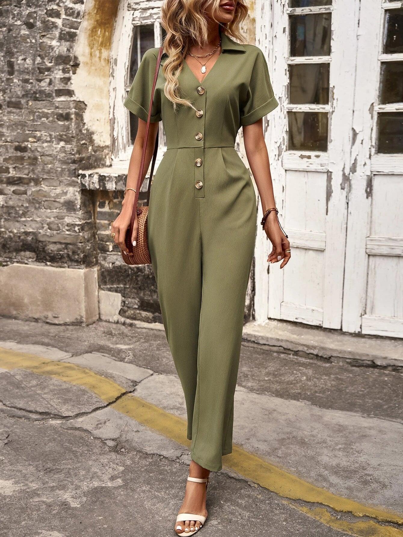 Button Front Batwing Sleeve Jumpsuit Without Belt-Comfy Jumpsuits