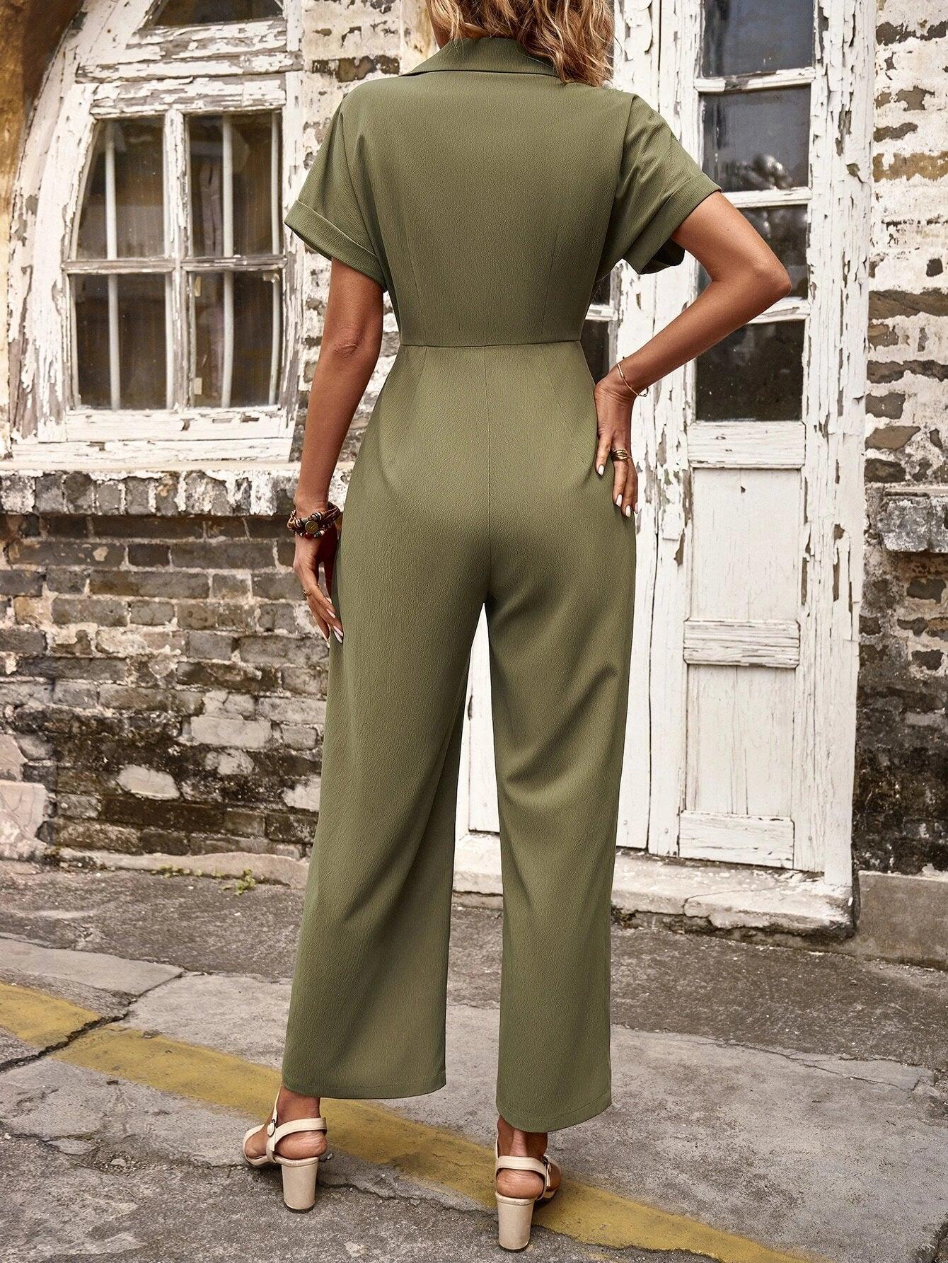 Button Front Batwing Sleeve Jumpsuit Without Belt-Comfy Jumpsuits