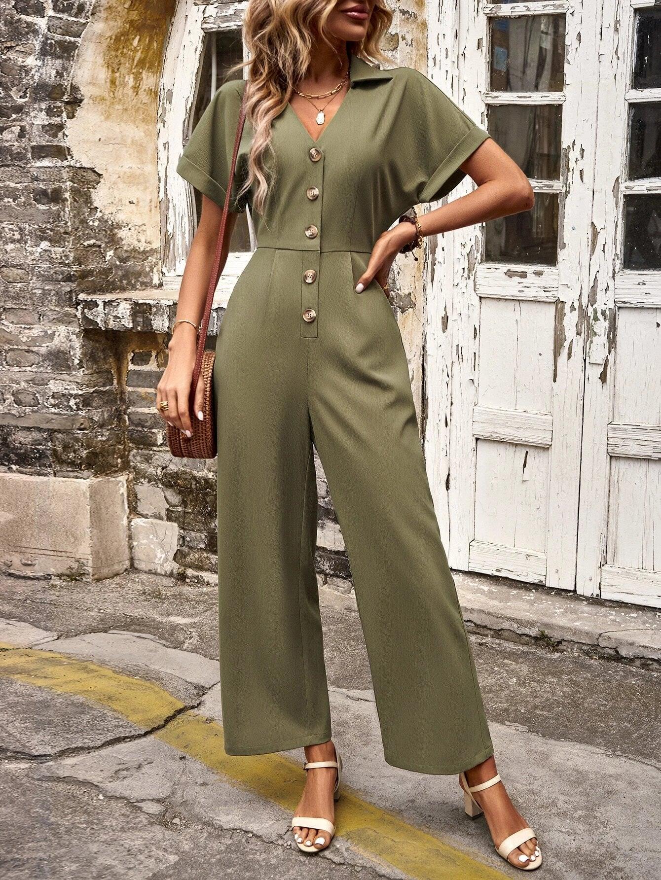 Button Front Batwing Sleeve Jumpsuit Without Belt-Comfy Jumpsuits