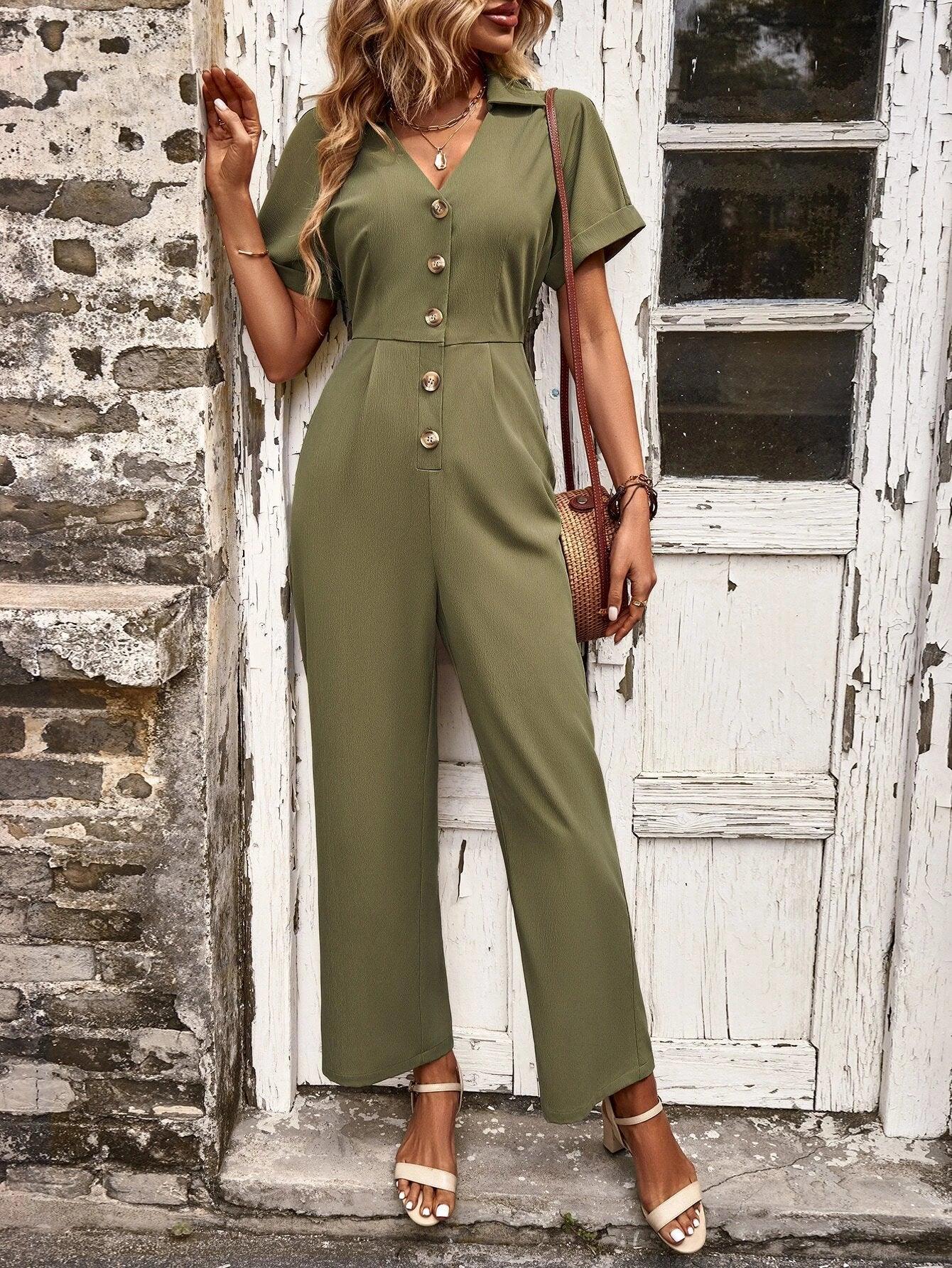 Button Front Batwing Sleeve Jumpsuit Without Belt-Comfy Jumpsuits