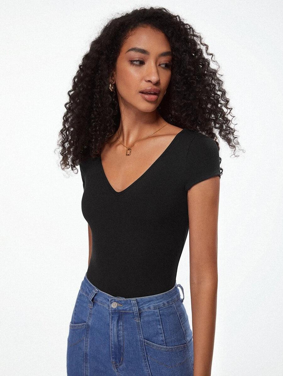 Cotton V Neck Bodysuit-Comfy Jumpsuits