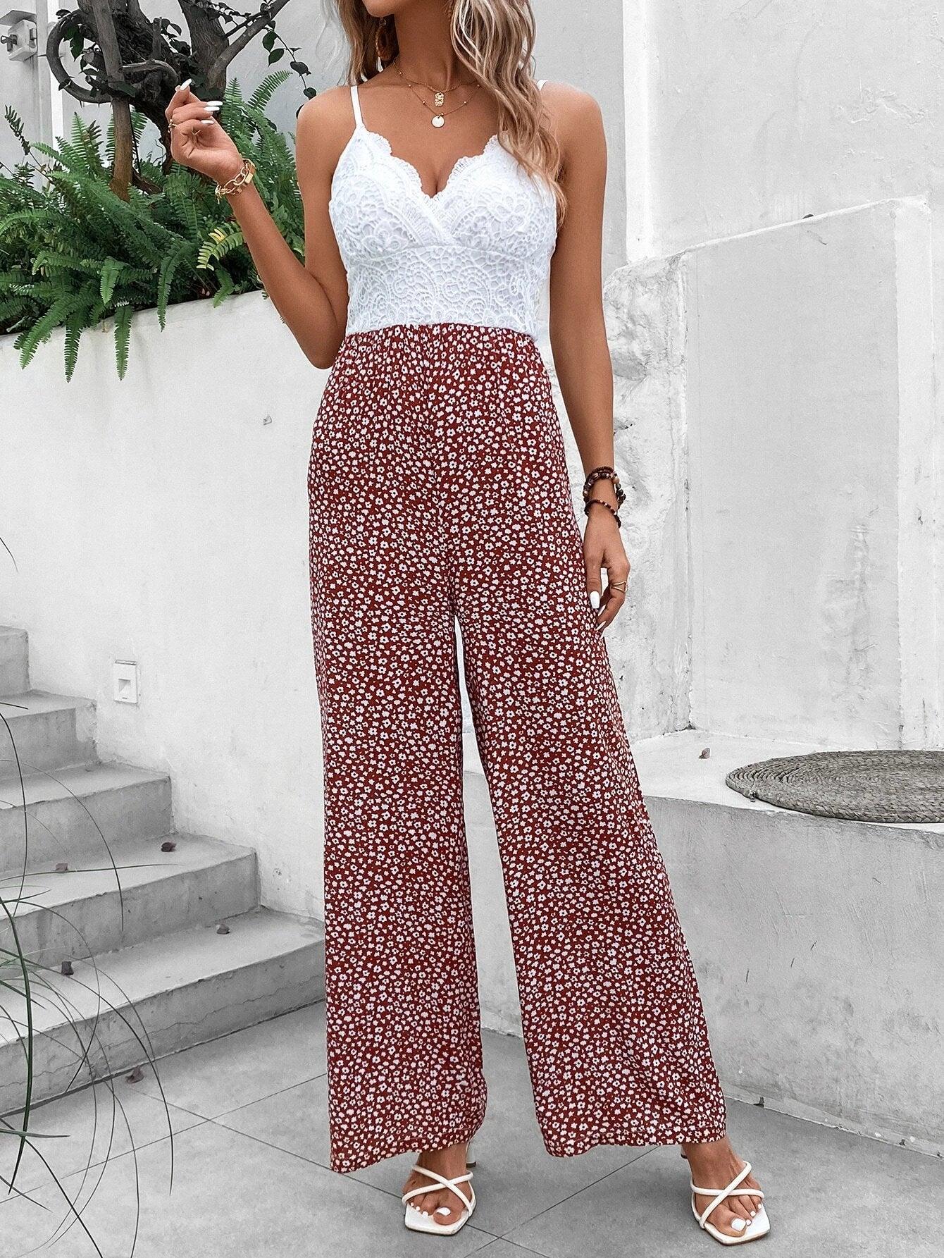Floral Print Contrast Lace Jumpsuit-Comfy Jumpsuits
