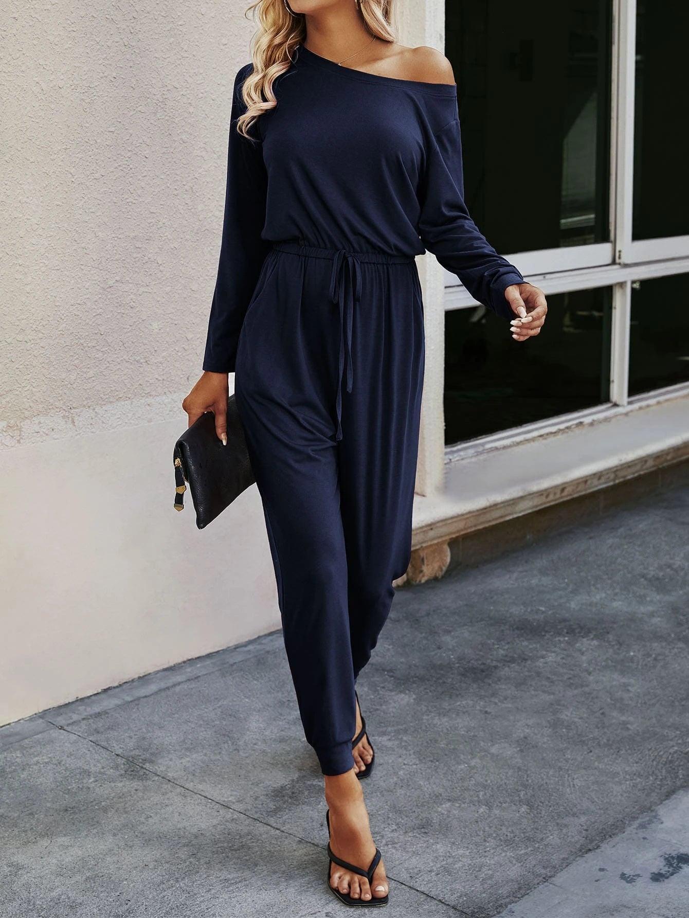 Knot Waist Solid Jumpsuit-Comfy Jumpsuits