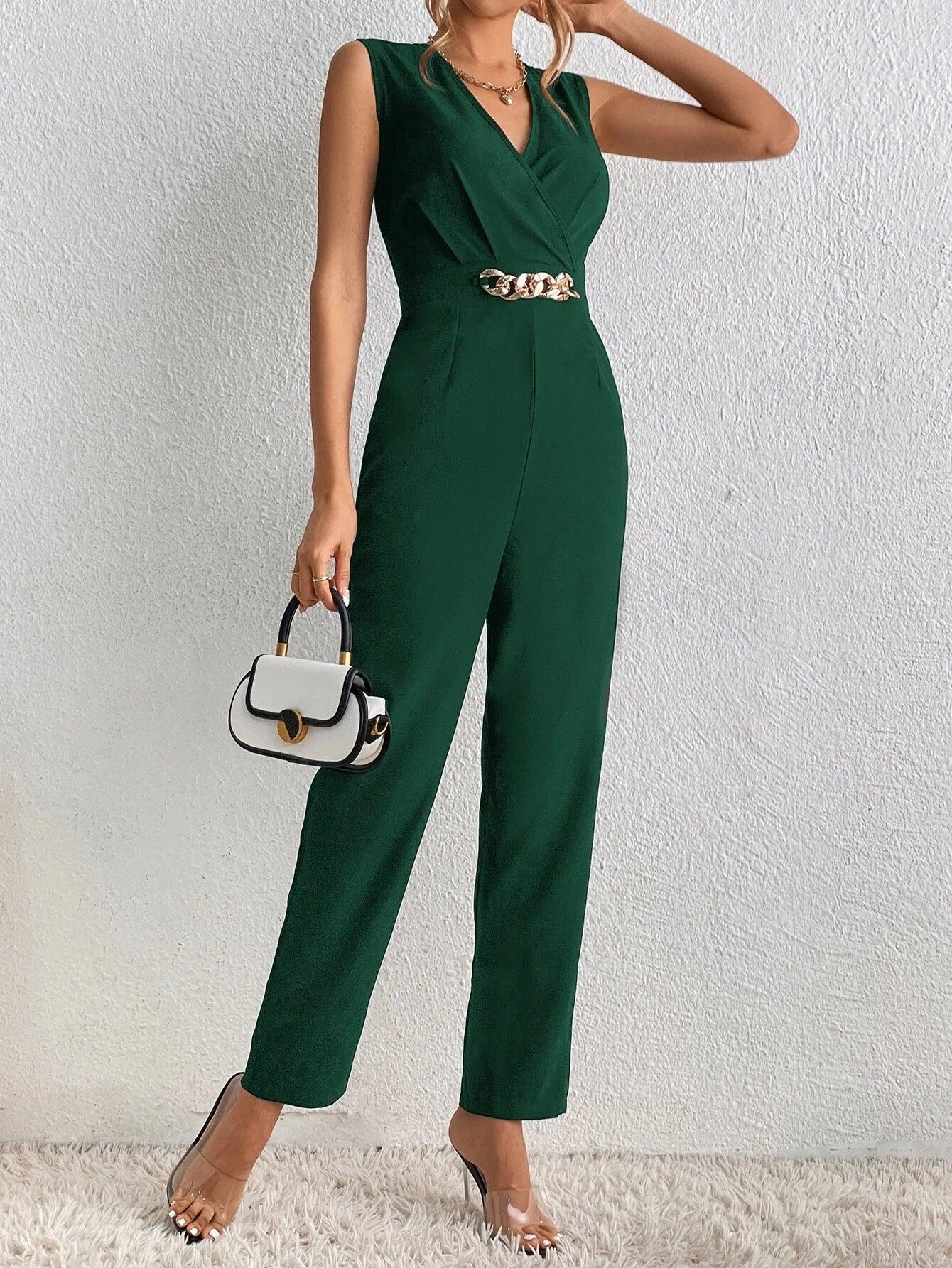Chain Detail Surplice Neck Jumpsuit-Comfy Jumpsuits