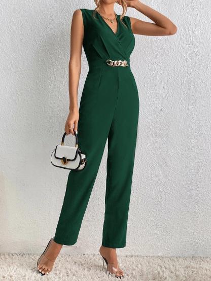 Chain Detail Surplice Neck Jumpsuit-Comfy Jumpsuits