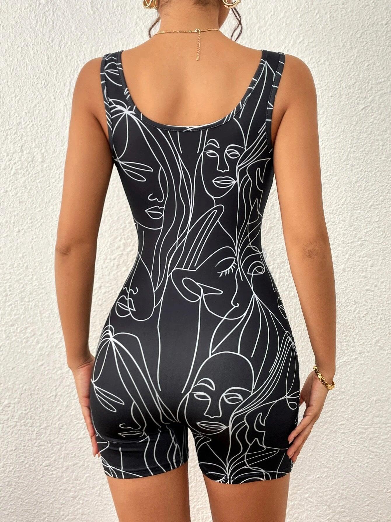 Graphic Printed Unitard Romper-Comfy Jumpsuits
