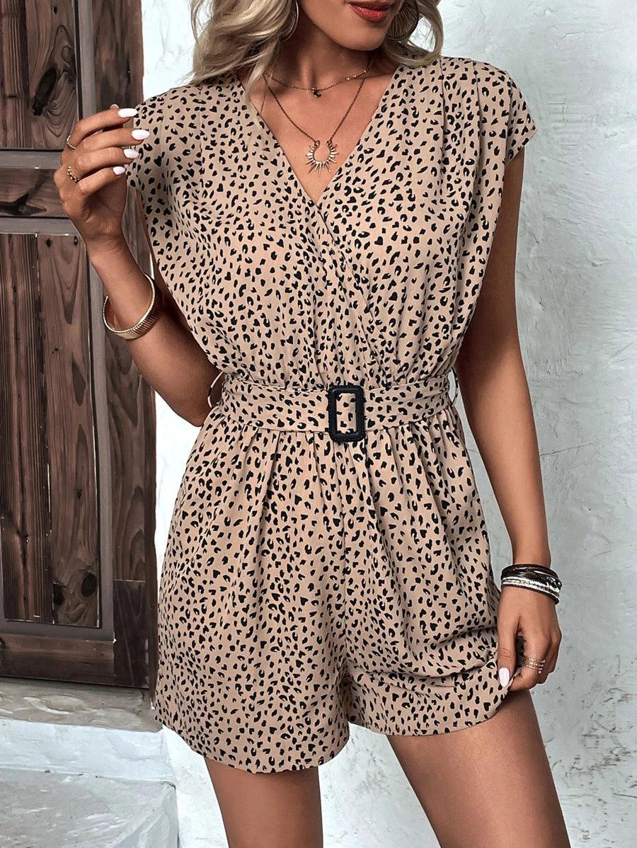Batwing Sleeve V Neck Belted Romper-Comfy Jumpsuits