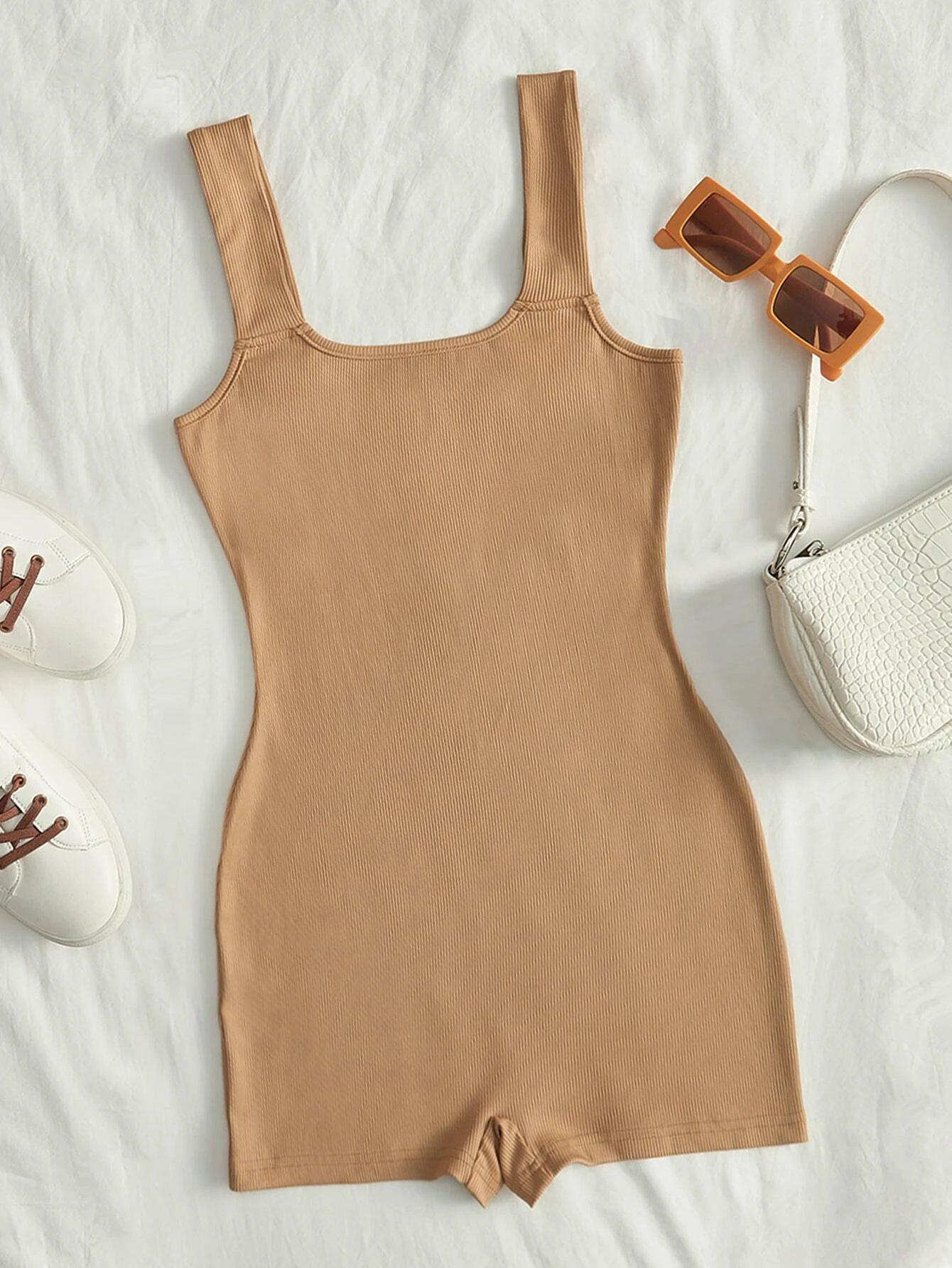 Sleeveless Solid Ribbed Knit Unitard Romper-Comfy Jumpsuits