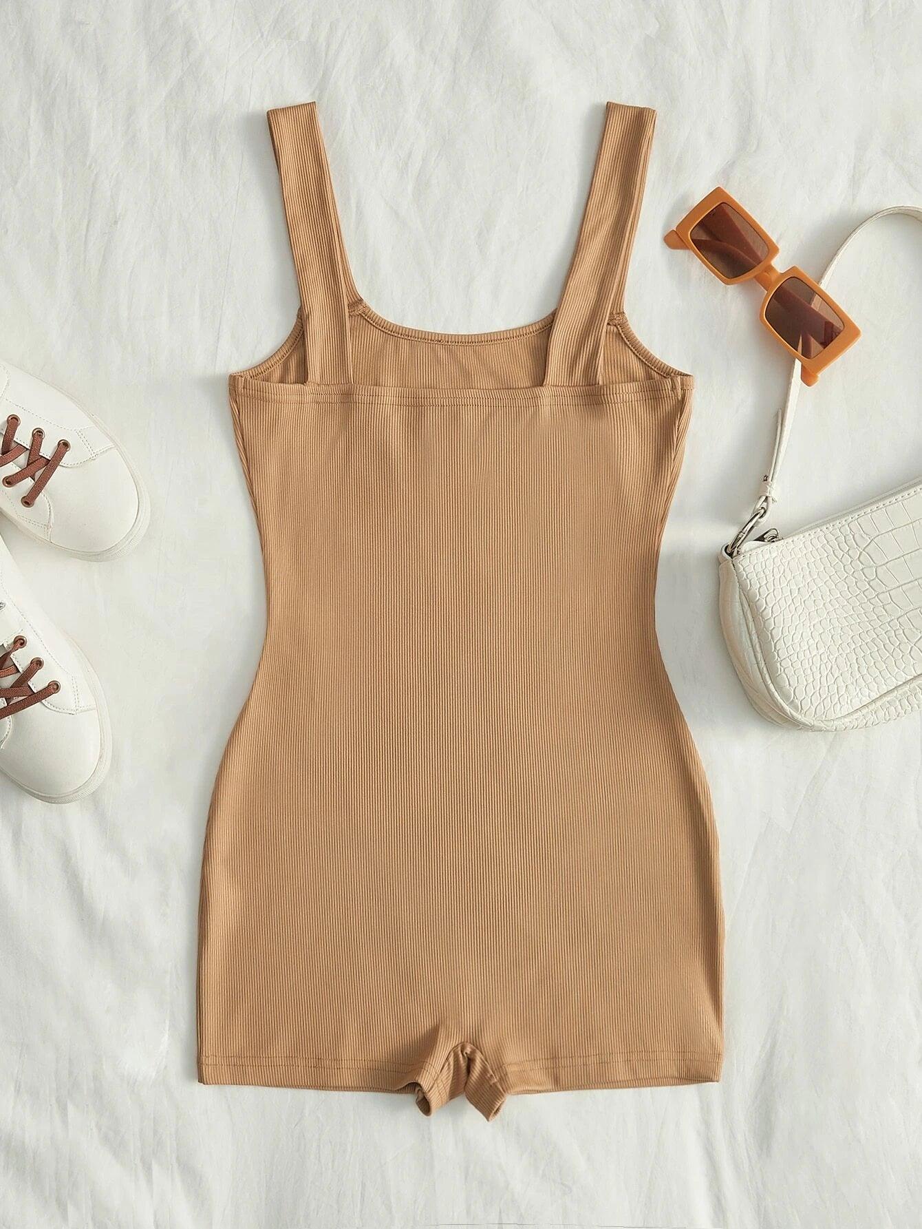 Sleeveless Solid Ribbed Knit Unitard Romper-Comfy Jumpsuits