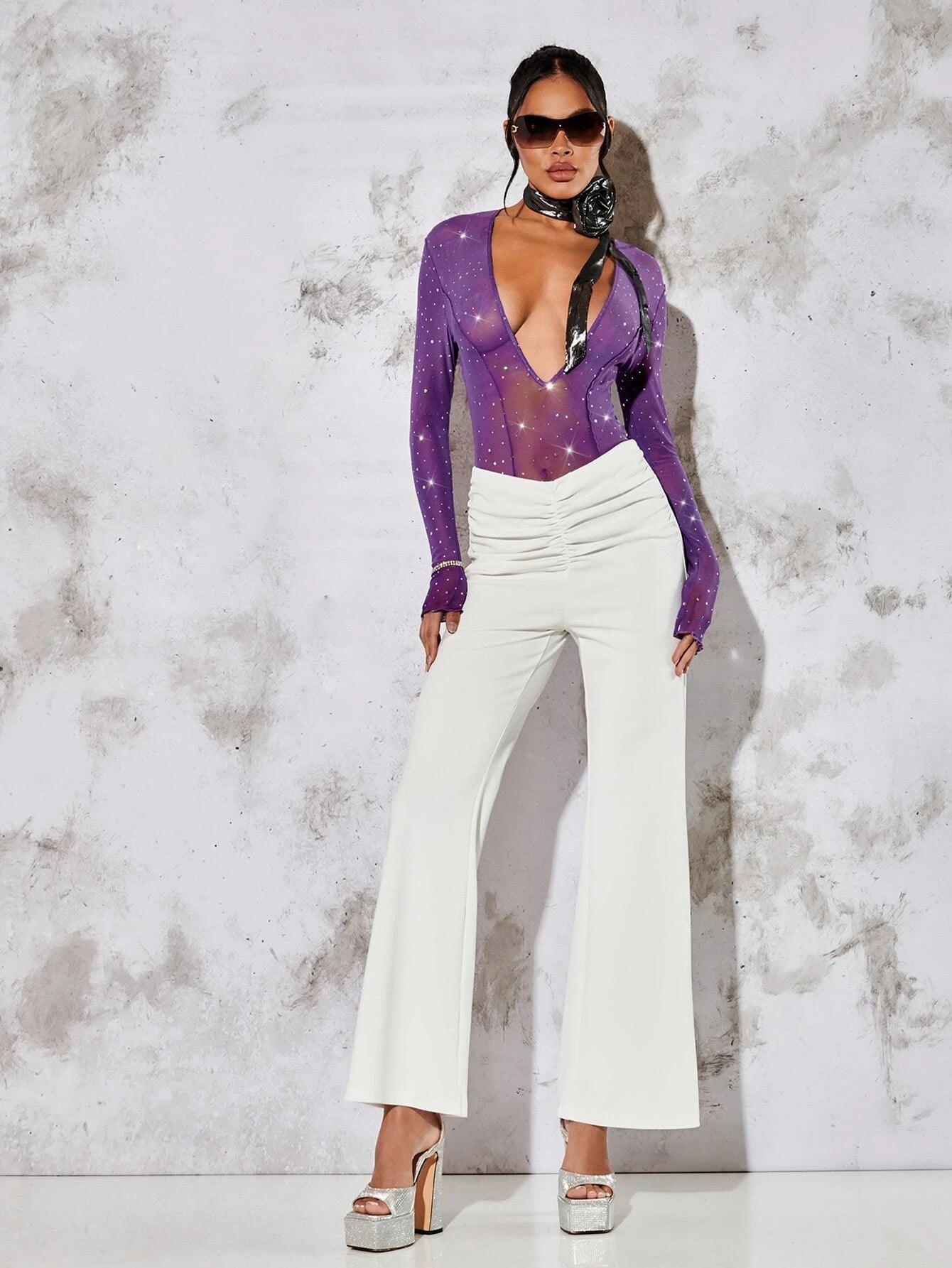 Plunging Neck Sequin Detail Mesh Bodysuit-Comfy Jumpsuits