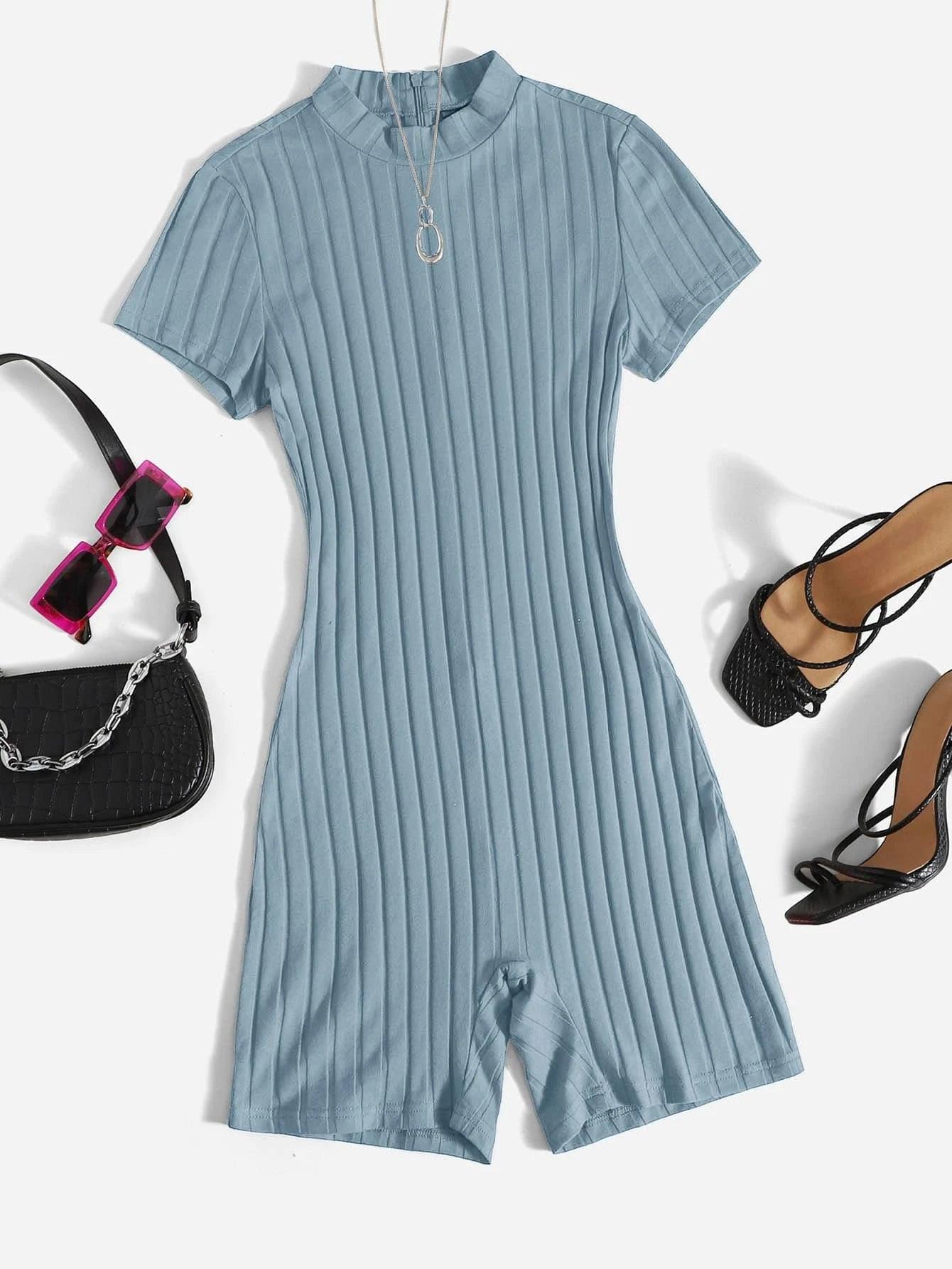 Mock Neck Rib-knit Unitard Romper-Comfy Jumpsuits