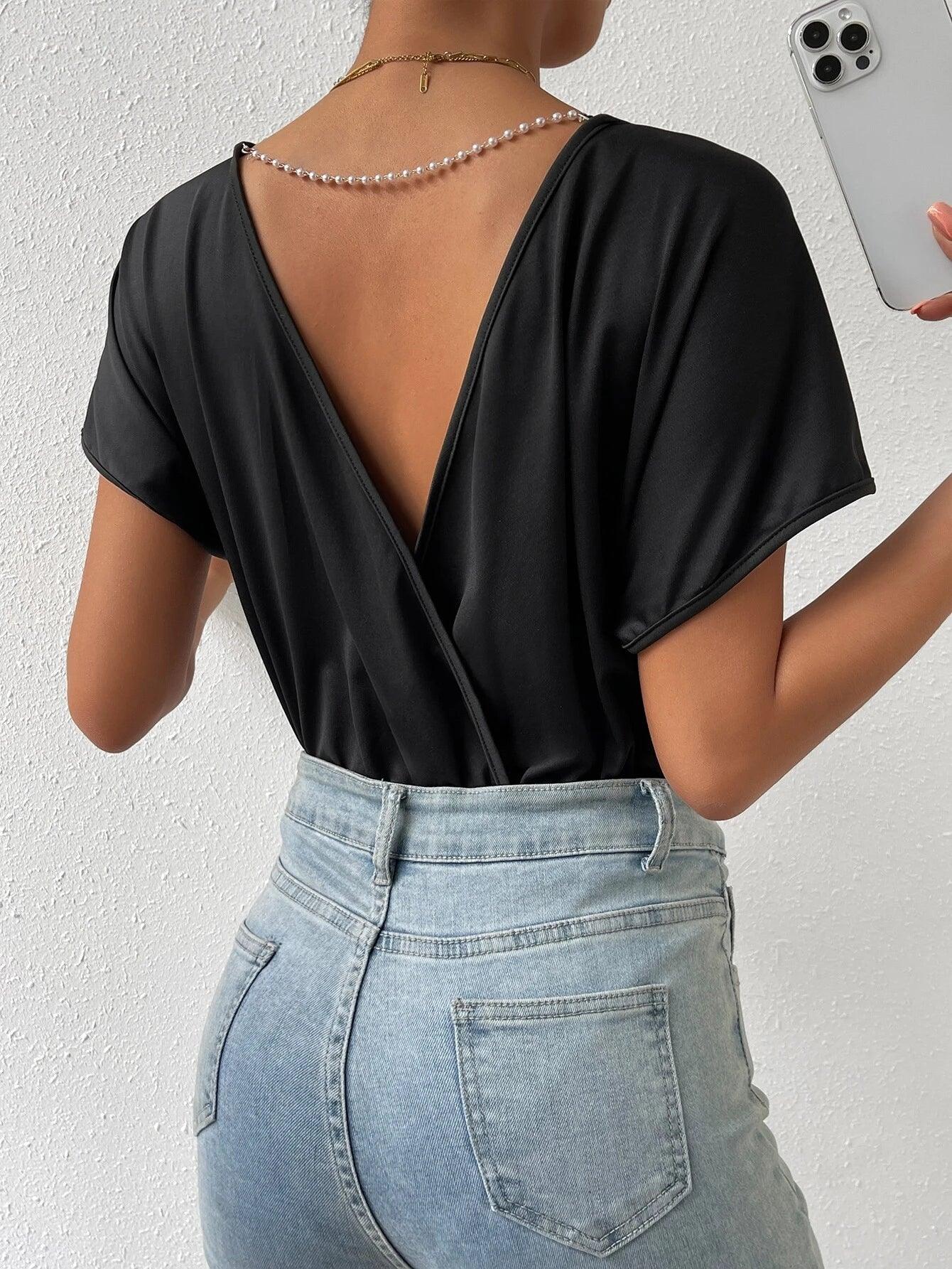 Chain Detailed Backless Batwing Sleeved Bodysuit-Comfy Jumpsuits
